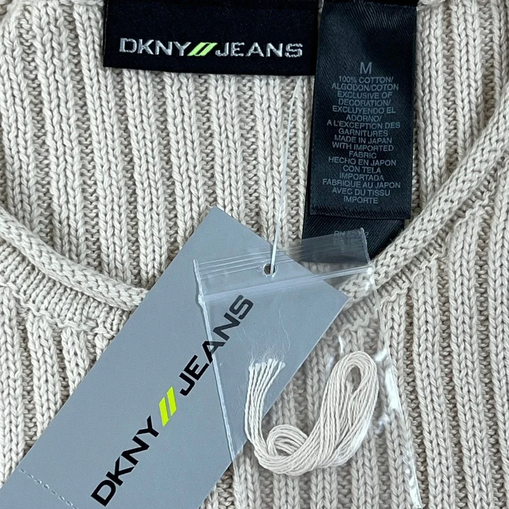 DKNY Jeans Men's Beige Ribbed Crew‎ Neck Long Sleeve Sweater Size M VTG NWT